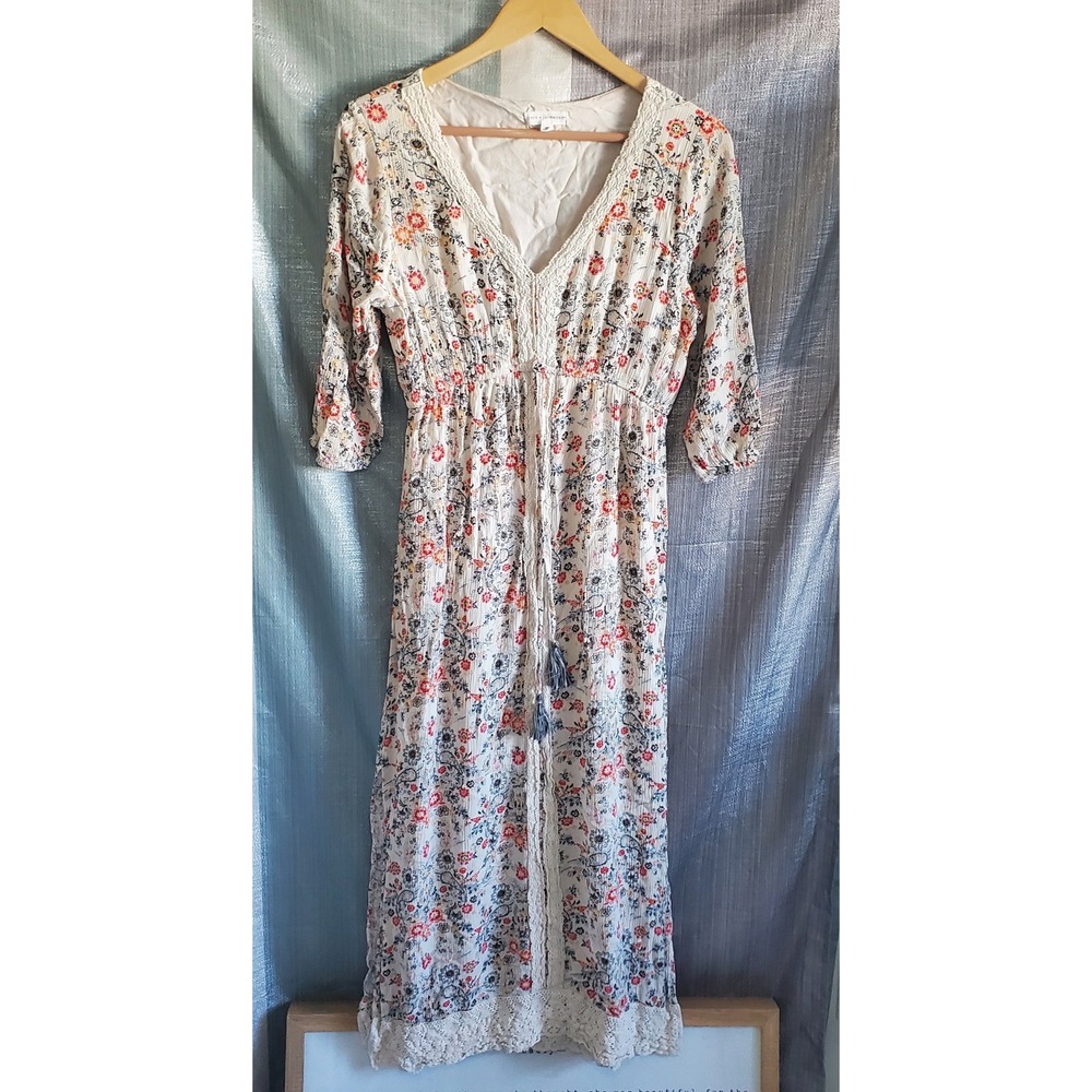 Coco + Jameson Floral‎ Maxi Dress Cream Lace Trim M Prairie Cottagecore Country